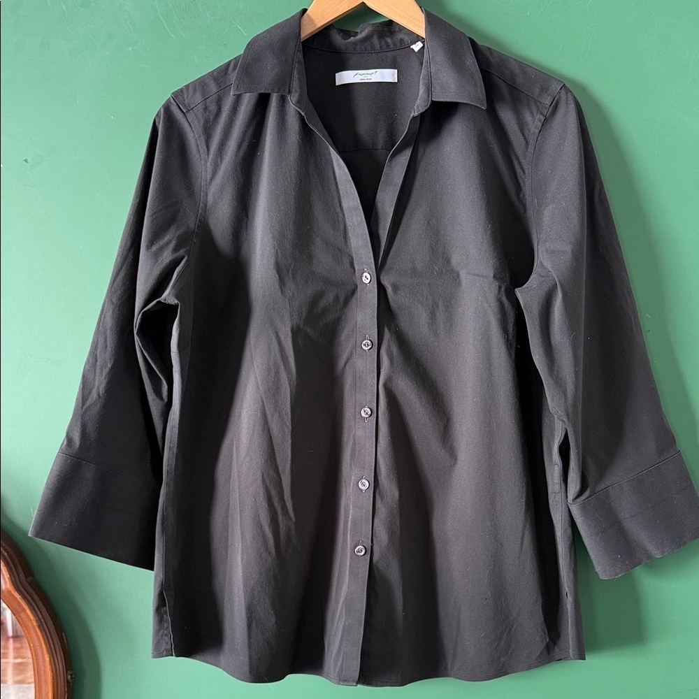 Foxcroft No Iron Stretch Black 3/4 Sleeve Shirt Womens 14